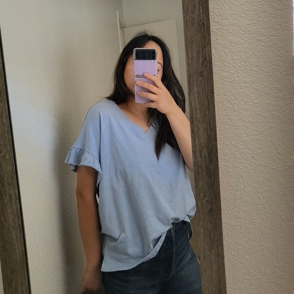 Women's For the Republic Blue V-neck Tee Shirt Ruffled Sleeves‎ - Picture 2 of 5